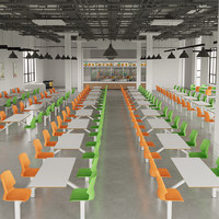 Ensemble table et chaises de cantine scolaire intégrées 4 places, mobilier de cafétéria avec sièges fixes