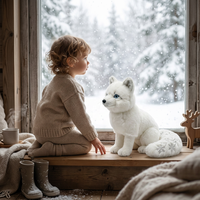 Peluche réaliste de renard arctique blanc avec queue en flocons de neige et yeux bleus pour cadeau de Noël