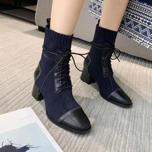 Chaussures d'hiver en cuir à talons hauts pour femme, bottes à bouts ovales style lacets, talons compensés - Product Image 4