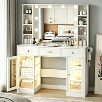 Coiffeuse Moderne Blanche 2026 avec Miroir LED, Support Sèche-Cheveux, Tiroirs de Rangement, Plateau en Verre RGB et Éclairage 3 Couleurs pour Chambre à Coucher
