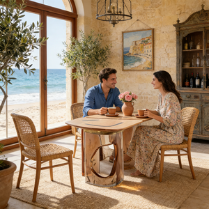 Mesa de Comedor de Lujo con Cubierta de Madera y Base de Resina de Vidrio Transparente, Muebles Modernos Minimalistas para Hogar y Restaurantes de Alta Gama - Product Image 4