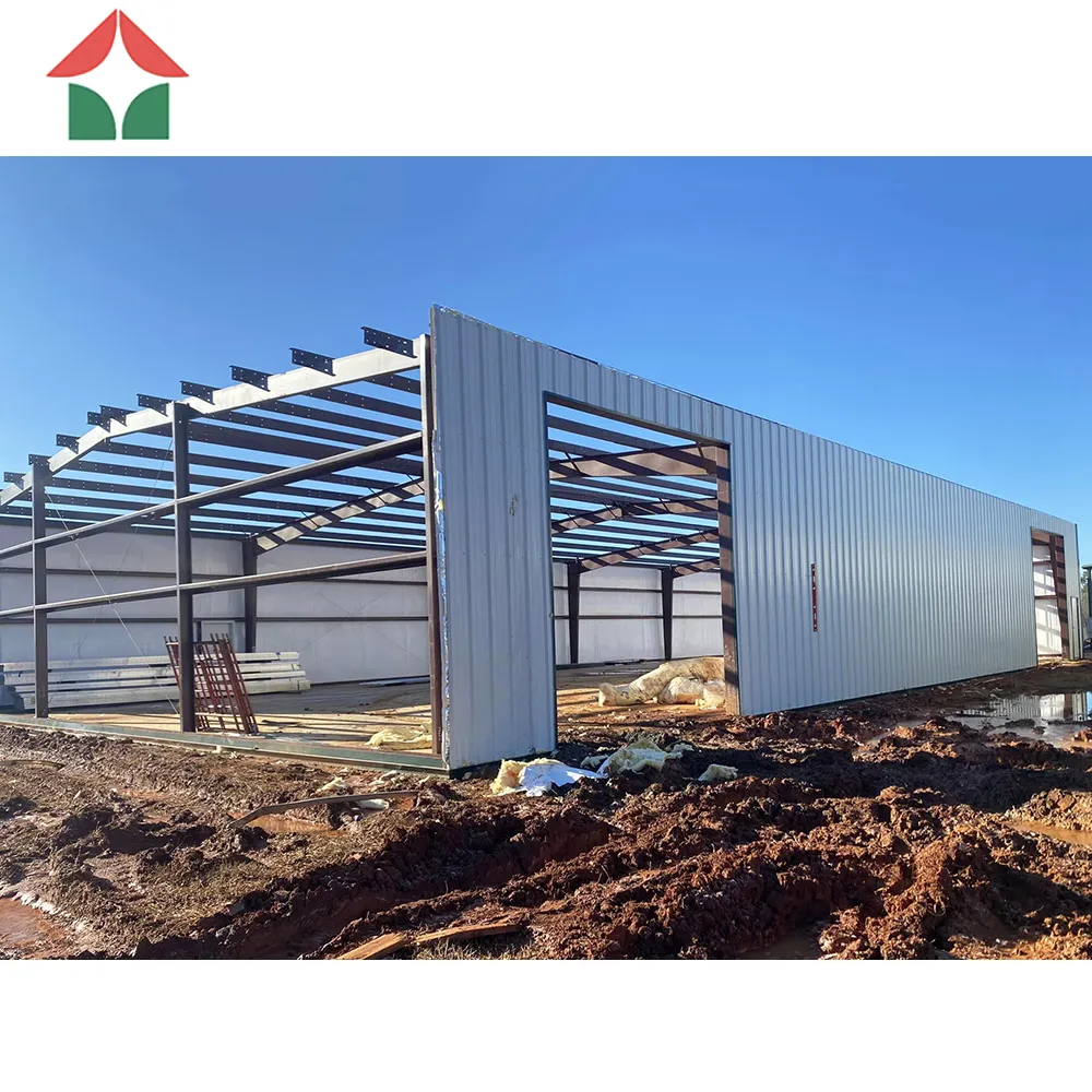 Steel Structure Warehouse Prefabricated Building Steel Shed using sandwich panel wall and roof glass wool insulation materials.