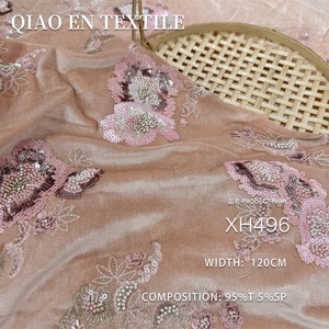Tissu brodé de haute qualité en velours extensible résistant, broderie de perles tridimensionnelle, brocart, robes, costumes de danse Qipao, faits à la main - Product Image 1