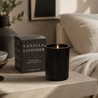 Bougie d'aromathérapie en verre côtelé noir 180g, 8 parfums, cire noire, coffret cadeau, vente en gros, fournisseur OEM ODM, marque privée