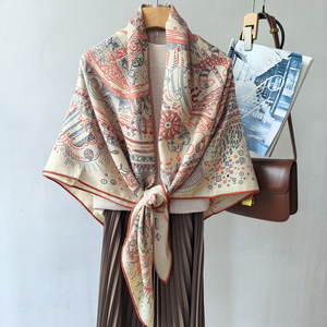Silk Scarf 135*135cm Twill Hand Rolled Hem <b>Screen</b> Printed Digital Design <b>Leaf</b> Long Square Scarf Wholesale - Product Image 2