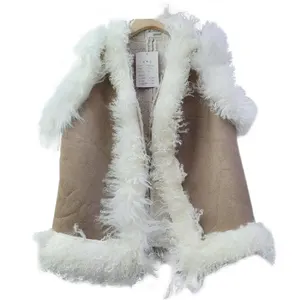 女士Sherpa羊毛人造绒面革带毛皮颈夹克背心时尚外套冬季女装