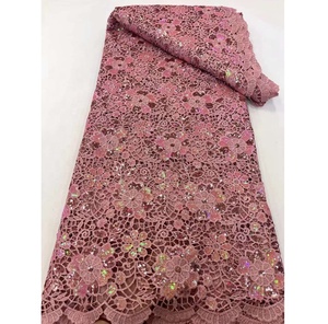 Hermosa Tela de Encaje de Cordón Soluble en Agua con <span class=keywords><strong>Flores</strong></span> Bordadas y Lentejuelas para Prendas de Vestir de Encaje de Cordón Nigeriano - Product Image 1