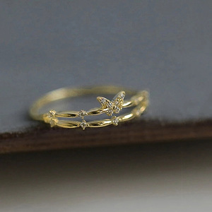 T0220 Anello da Donna in Oro Giallo con Diamanti, Design a Farfalla, Taglio Brillante Rotondo, Diamanti Naturali, Gioiello per Uso Quotidiano - Product Image 6