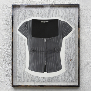 JIFAN Blusa de manga corta con cuello cuadrado a rayas para mujer, con cremallera frontal, ajuste elástico, longitud corta, ropa de oficina - Product Image 3