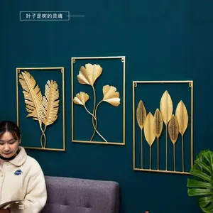 Persegi panjang Modern mewah logam Ginkgo daun palem dekorasi dinding tempa emas daun besi tampilan seni gantung di dinding