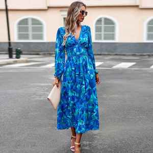 Vestido de <span class=keywords><strong>manga</strong></span> <span class=keywords><strong>larga</strong></span> con cuello en V y estampado informal para vacaciones de primavera/verano para mujer, estilo europeo y americano 2024 - Product Image 6
