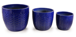 Ensemble de pots à fleurs en céramique, bleu cobalt brillant, texture gaufrée en forme de feuille, décoration intérieure et extérieure, jardin, patio, écologique, drainage - Product Image 2