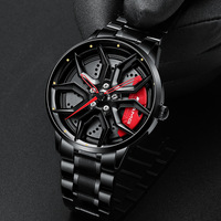 Montre pour homme, design jante de roue, boîtier doré, bracelet en acier inoxydable rouge, style sport racing