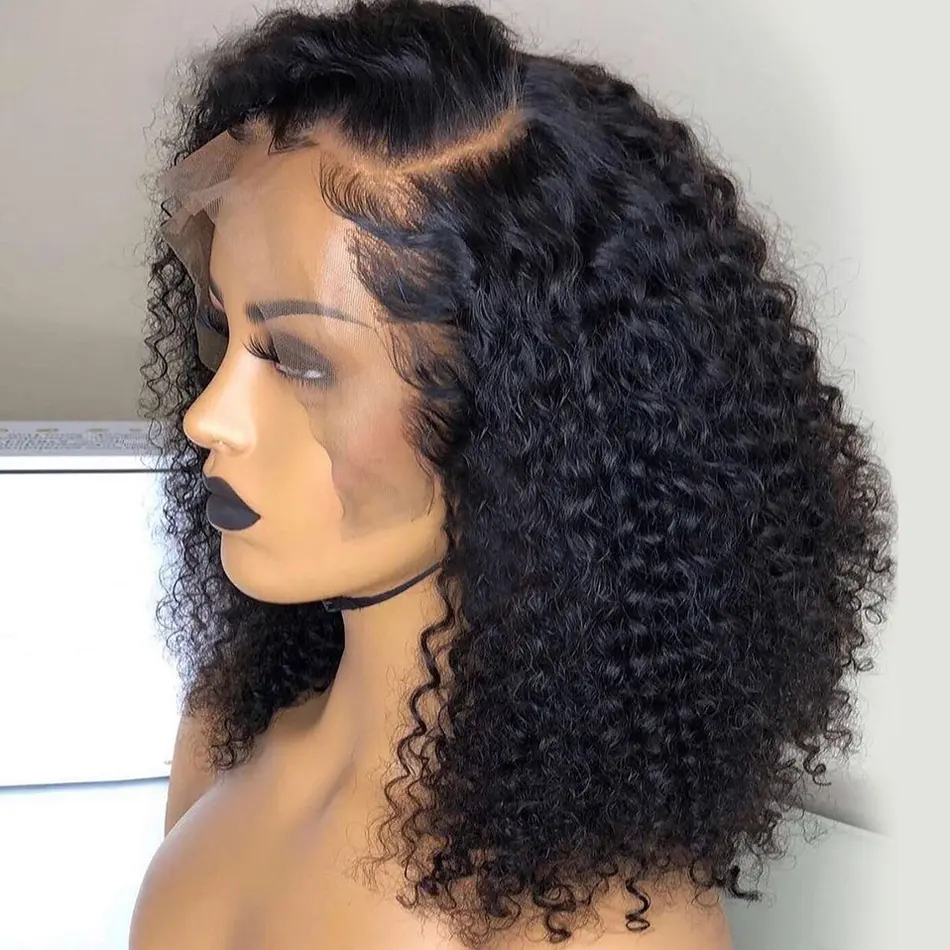 Pas cher Kinky Curly Cheveux Humains Courts Bob Perruques Cheveux Humains Lace Front Perruques Cheveux Humains Sans Colle HD Lace Frontal Perruques Pour Les Femmes Noires