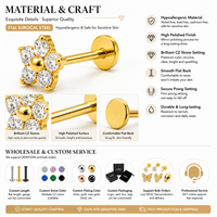 Vente en gros de bijoux de piercing pour cartilage en Titane F136 à dos plat, modèles Labret, clous, boucles d'oreilles, avec Zircon CZ, Opale, Cœur, Croix, Ancre pour Femme