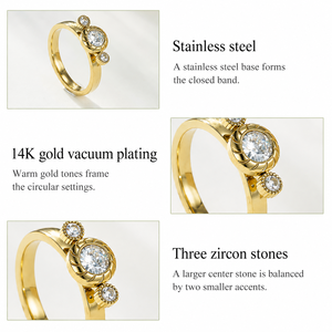Three Stone Zircon <b>Ring</b> Stainless Steel 14K <b>Gold</b> Vacuum Plated Band with Round Center and Beaded Side <b>Settings</b> - Product Image 4