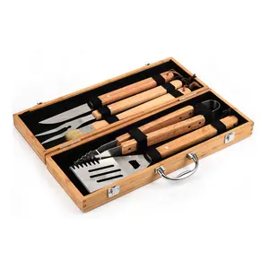 Goede Kwaliteit Houten Handvat Bbq Tool Draagbare Outdoor Barbecue Tool Set Outdoor Gereedschap 5 Stuks Set Met Mooie Bamboe Case