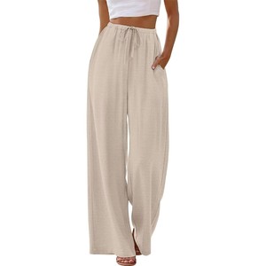 Pantalones Rectos Casuales de Verano con Estampado Oxford de BSCI Sampeel para Mujer, Pantalones Palazzo Fluidos con Cordón en la Cintura Media y Bolsillos, ODM - Product Image 4