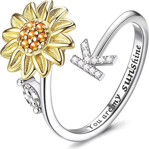 Anello Girevole Girasole da Donna in Rame Dorato, Anello Antistress Rotante a Forma di Girasole con 26 Lettere, Fascia Aperta Regolabile con Zirconi, Regalo - Product Image 4