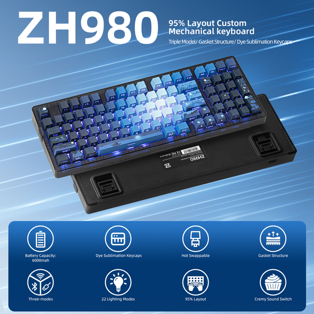 ZORNHER ZH980 Mechanical Keyboard,95% Blue Creamy Keyboard with Number Pad,Hot-Swappable Custom Gaming Keyboard