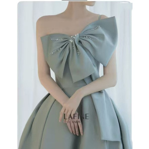 Women's Bow Evening Gown Wine Red Satin One-Shoulder A-Line Empire Waist Long Dress For Banquets And Birthdays - Product Image 2