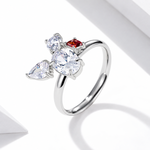 Mixed Zircon Open <b>Ring</b> Stainless Steel Silver Tone Clear Pear Red Accent Stone <b>Statement</b> <b>Ring</b> - Product Image 1