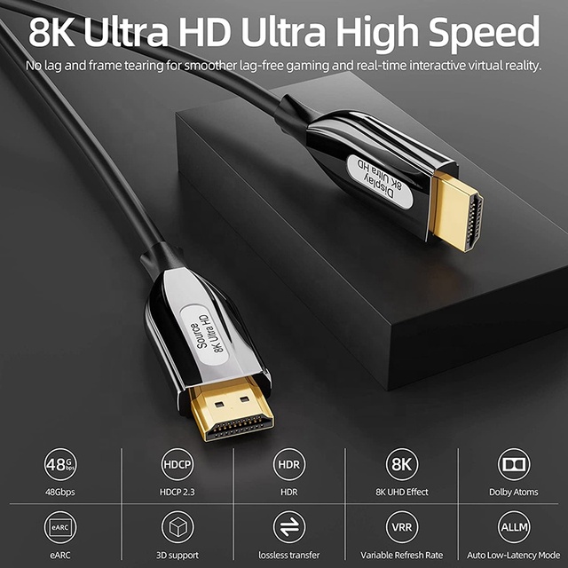 AOC 8K 60Hz 48Gbps High Speed for Coaxial Fiber Optic Cable 1M-3M Customizable Length Gold Plated Connectors for Monitor