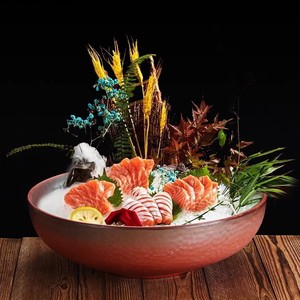 Plateau de fruits de mer avec glace sèche, sashimi de saumon, conque en mélamine, plateau de service de cuisine japonaise pour hôtel - Product Image 3