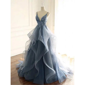Evening Gown V-Neck Backless Lace Dark Blue Ball Gown Empire Waist Formal Dress Spring Style - Product Image 3
