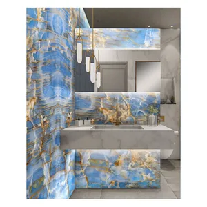 半透明蓝色玛瑙石材墙板抛光天然大理石背景设计，用于厨房地板和瓷砖
