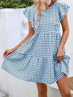 Robe mini à volants en gingham pour femme, sans manches, col rond, décontractée, à carreaux, pour l'été