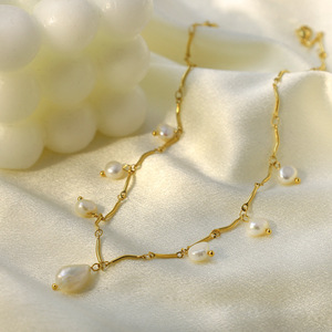 Pearl Necklace Oval Freshwater Pearl Stainless Steel Tassel Clavicle Chain Daily Wear Jewelry Gold Steel Color - Product Image 3