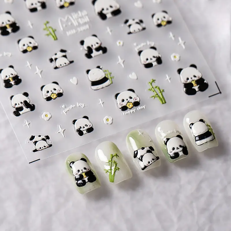 5D Cute Panda Nagel aufkleber Geprägte Cartoon Tier Bambus Liebe Herz Stern Schieber Nagel Aufkleber Kawaii DIY Maniküre Wraps Aufkleber