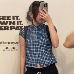 Blue Checkered T-Shirt <b>Women</b> Puff Sleeve <b>Collar</b> Cardigan Slim Fit Slimming Hot Girl Style Patchwork Shirt - Product Image 4