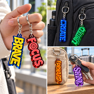 Porte-clés en acrylique avec texte imprimé UV – Forme irrégulière – Motifs : Brave, Focus, Create, United, Forward, Shine – Cadeau promotionnel en plastique – OEM ODM – Homme - Product Image 2