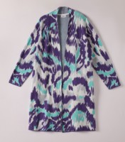 Cardigan long en tricot jacquard abstrait Ikat pour femmes grandes tailles, ouvert sur le devant, sans poches, coupe ample mi-mollet, personnalisable OEM