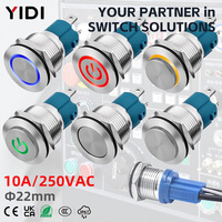 Bouton poussoir métallique 22 mm 10 A à courant élevé en acier inoxydable pour LED, momentané/verrouillable, pour applications industrielles, électroménager, automobile, marine, IP64 1NO