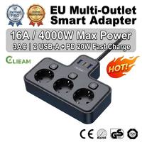 Clieam Wholesale EU Multi-Outlet Smart Adapter 3AC Outlets 2 USB-A PD 20W Pengisian Cepat 16A