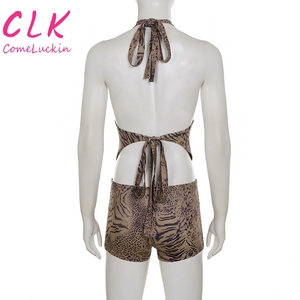 New Sexy Leopard Print Digital Printing Halter Neck Backlesstop Summer Knitting Breathable Knee <strong>Shorts</strong> <strong>Suit</strong> <strong>Women</strong> 2 Piece Set - Product Image 4