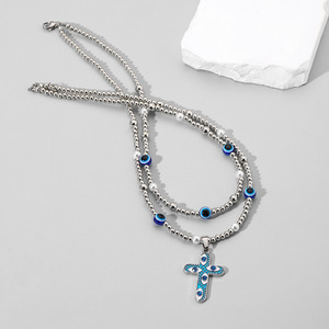 Colliers <span class=keywords><strong>à</strong></span> double rangée de perles tendance pour hommes, pendentif croix et œil porte-bonheur, bijoux de fête - Product Image 4