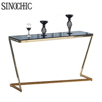 Table console étroite avec miroir et cadre chromé, table d'entrée en verre trempé haute pour la maison et l'hôtel