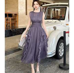 Abito estivo estivo da donna senza maniche Casual abiti lunghi in Chiffon con arricciatura viola - Product Image 4