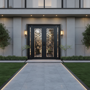 Porte <span class=keywords><strong>d</strong></span>'<span class=keywords><strong>ingresso</strong></span> principali in metallo moderno Sunnysky design vetro nero esterno e interno francese porta in ferro per la casa - Product Image 1