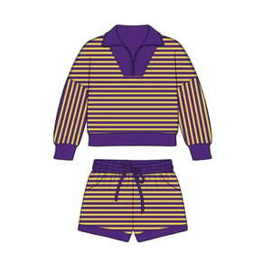 Ensemble 2 pièces pour filles, sweat-shirt à manches longues rayé avec col zippé et short, tenue décontractée pour enfants - Product Image 4
