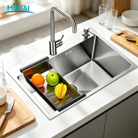 Évier simple moderne fait main, design peu encombrant, coins arrondis épais, en acier inoxydable 201, surface brossée, deux compartiments