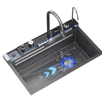 Nouveau style Évier de cuisine intelligent LED moderne en acier inoxydable 201 304, finition Nano Gun Grey Rainfall, brossé, SIR Deep Drawing
