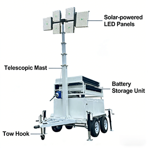 Torre de Luz Solar LED de 4x150W con Batería de 200Ah para Electrificación de Pueblos Rurales - Product Image 1