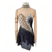 Robe de patinage artistique noire et or à manches longues en Spandex/Nylon, ornée de strass faits à la main, dos profond en V, dos ouvert, en maille, pour enfants