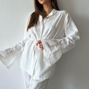 Camicetta con cintura <span class=keywords><strong>a</strong></span> balze <span class=keywords><strong>a</strong></span> forma di Anna Top e <span class=keywords><strong>pantaloni</strong></span> <span class=keywords><strong>Palazzo</strong></span> in cotone bianco Set in due pezzi da donna Set Casual da donna - Product Image 5