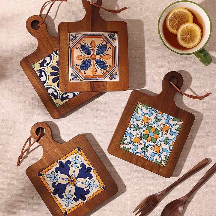 Vintage Japanese solid wood tile insulated coaster Heatresistant bowl